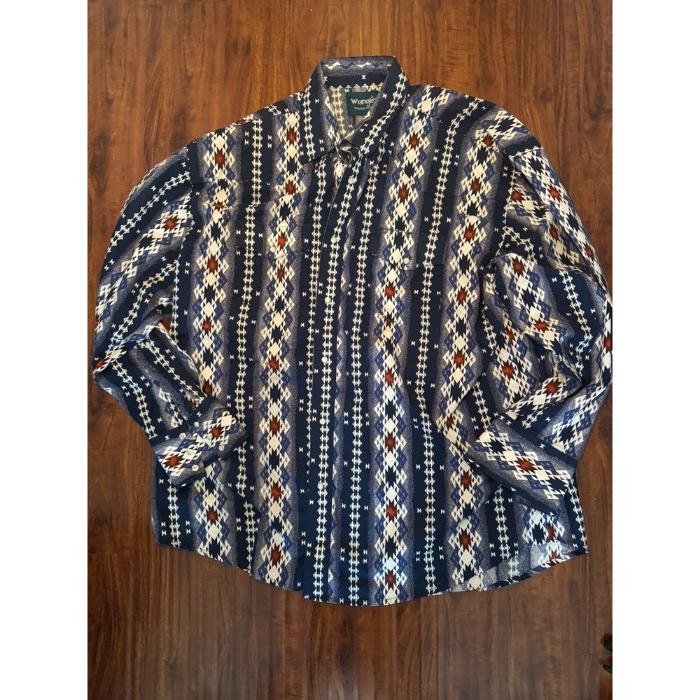 Vintage Wrangler Pearl Snap Shirt XL Western Tribal Aztec Print Blue White Red